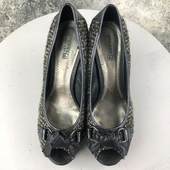Sperry Women's Size 9.5M Top Sider Black Cream Tweed Peep Toe High Heel Wedges - Picture 3 of 13